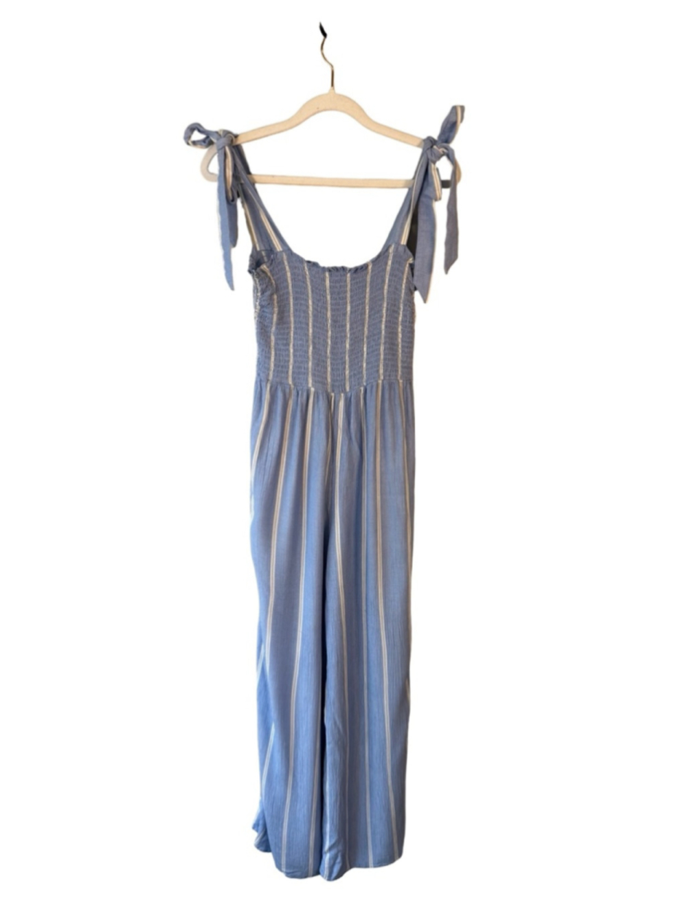 H&M Light Blue & White Striped Tie-Shoulder Jumpsuit Size 4 Coastal Cottagecore - Picture 2 of 11
